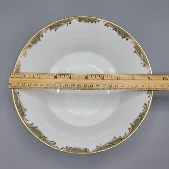 Vintage Sango China Chateau 3627 Rimmed Serving Bowl Gold Green Scrolls 9" Japan - Picture 5 of 8